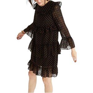 Madewell Heart Print Tiered Ruffled Mini Dress Black & Brown Bell Sleeve Size14
